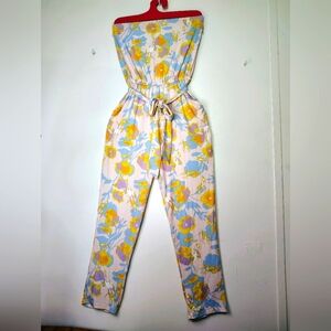 Rachel Pally strapless jumpsuit,pink With yellow flowers,pockets,modal,sz XS.